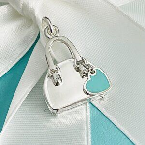 Tiffany Handbag Blue Enamel Heart Charm Purse Pendant in Sterling Silver